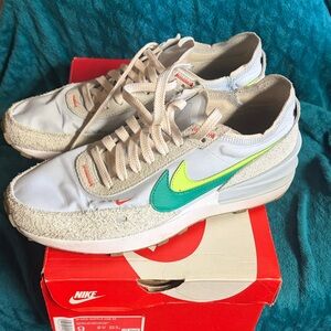 Nike White Sneakers with Teal & Volt Dual Swoosh